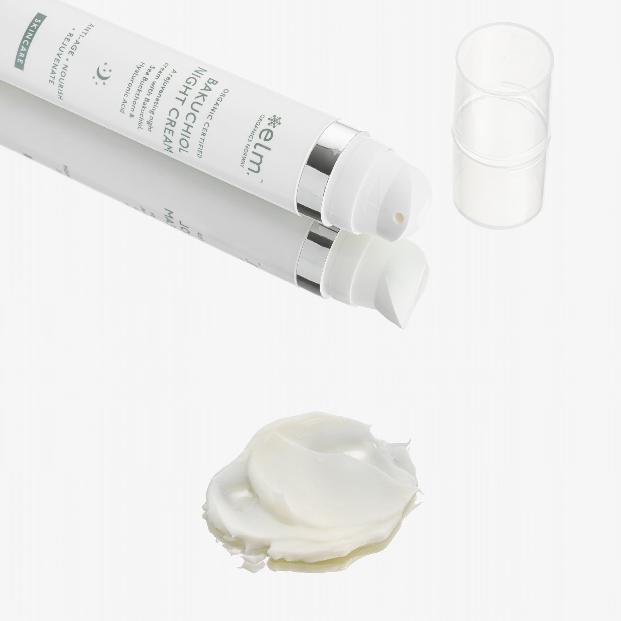 Bakuchiol Night Cream, nattkrem liggende med litt krem ved siden av