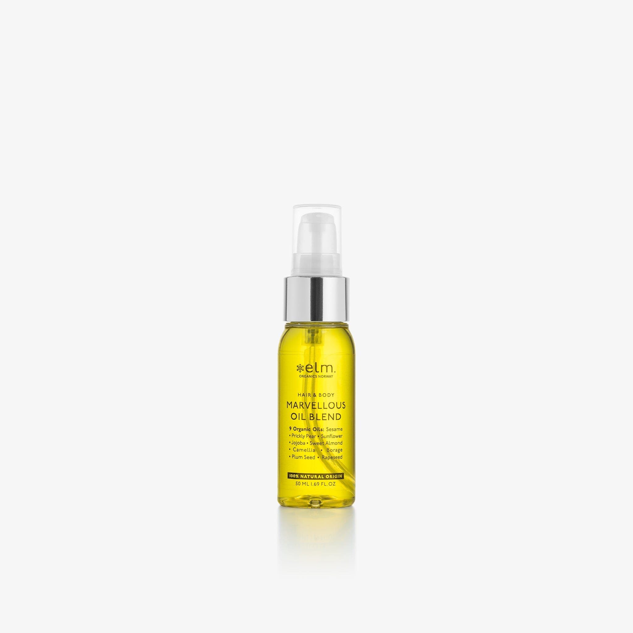 Elm Organics Marvellous Oil Blend 50 ml – kompakt størrelse av den silkemyke og luksuriøse hår- og kroppsfolje. Perfekt til reise eller som en introduksjon til bestselgeren som gir dyp næring, fuktighet og strålende glød til både hud og hår med naturens fineste ingredienser.